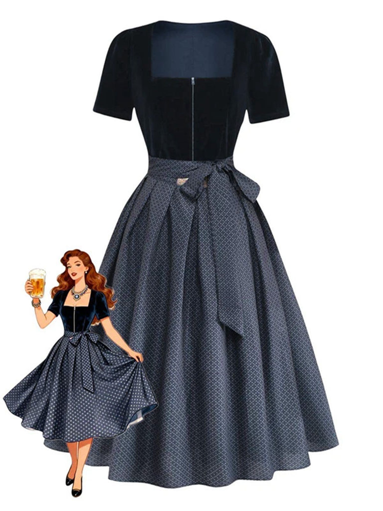 Robe Bleu Col Carré Velours & Tablier à Pois Années 1950