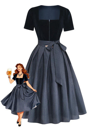 Robe Bleu Col Carré Velours & Tablier à Pois Années 1950