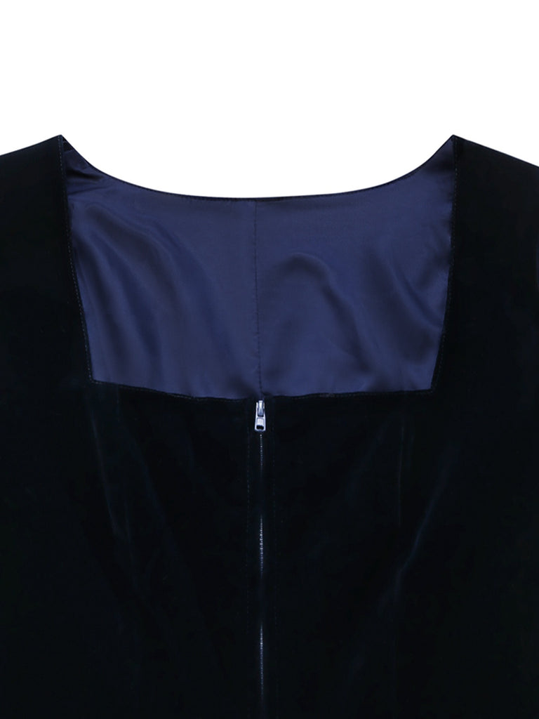 Robe Bleu Col Carré Velours & Tablier à Pois Années 1950