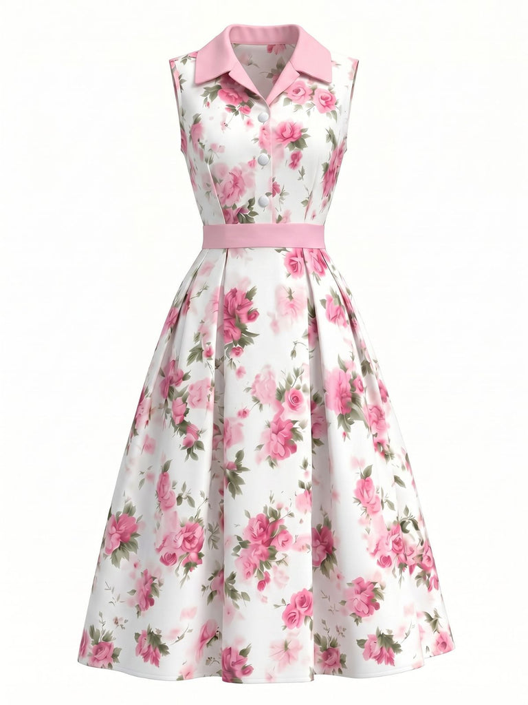 Robe Sans Manches Boutonné Revers Évasé Rose Rose Années 1950 2