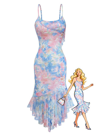 Robe Bretelles Spaghetti Sirène Floral Volant Ourlet Bleu Années 1930