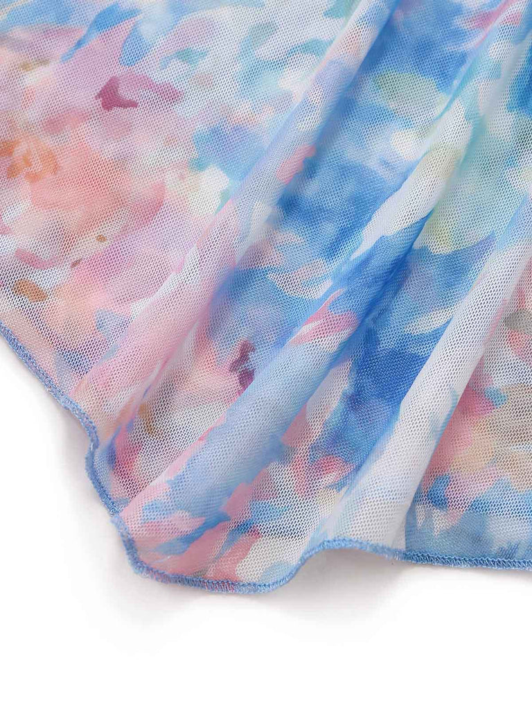 Robe Bretelles Spaghetti Sirène Floral Volant Ourlet Bleu Années 1930 8