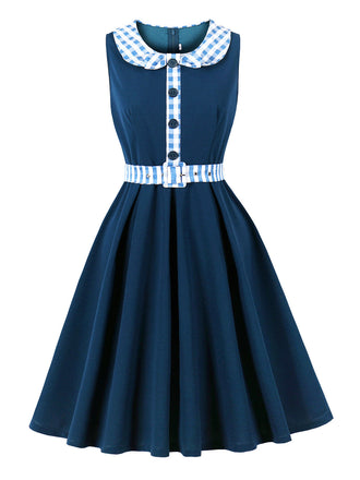 Robe Marine Vichy Col Claudine Ceinturé Évasé Années 1950