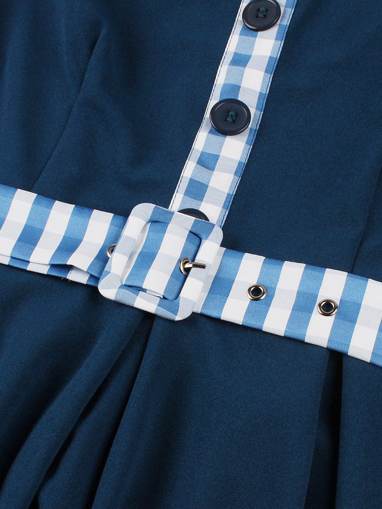 Robe Marine Vichy Col Claudine Ceinturé Évasé Années 1950 6
