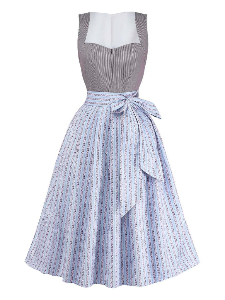 Robe Marron Rayé Col Carré & Floral Apron Années 1950 2