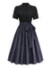 2PCS Robe à Col Montant et Tablier Floral Noir Années 1950
