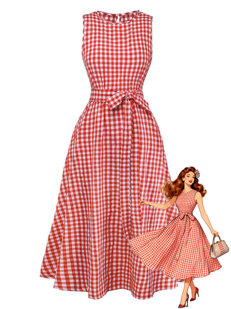 Robe Rouge Vichy Sans Manches Évasé Années 1950