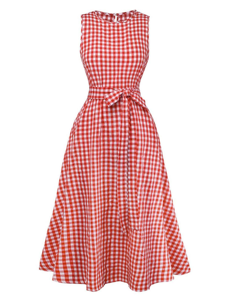 Robe Rouge Vichy Sans Manches Évasé Années 1950 2