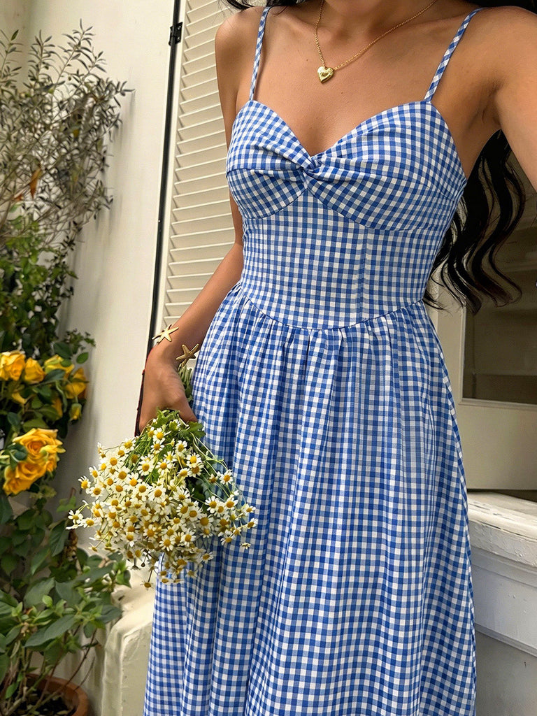 Robe à Bretelles Spaghetti Carreaux Vichy Bleue Années 40