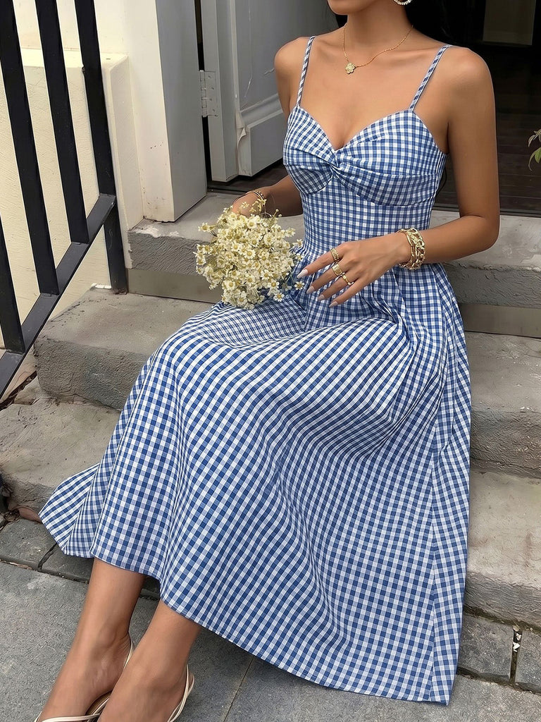 Robe à Bretelles Spaghetti Carreaux Vichy Bleue Années 40