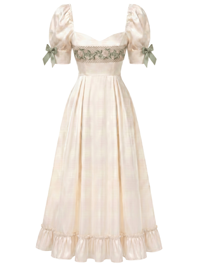 [Prévente] Robe Col Carré Nœud Floral Couleur Crème Années 30