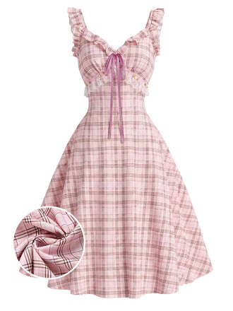 Robe Bretelle à Volants Carreaux Rose Années 50