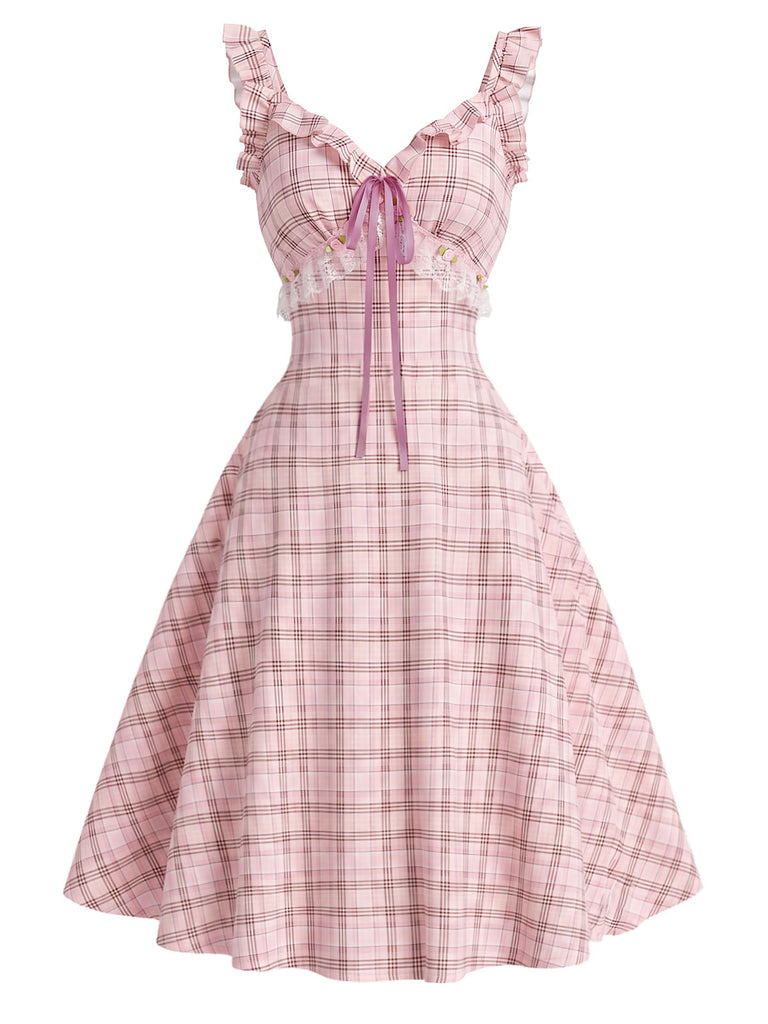 Robe Bretelle à Volants Carreaux Rose Années 50