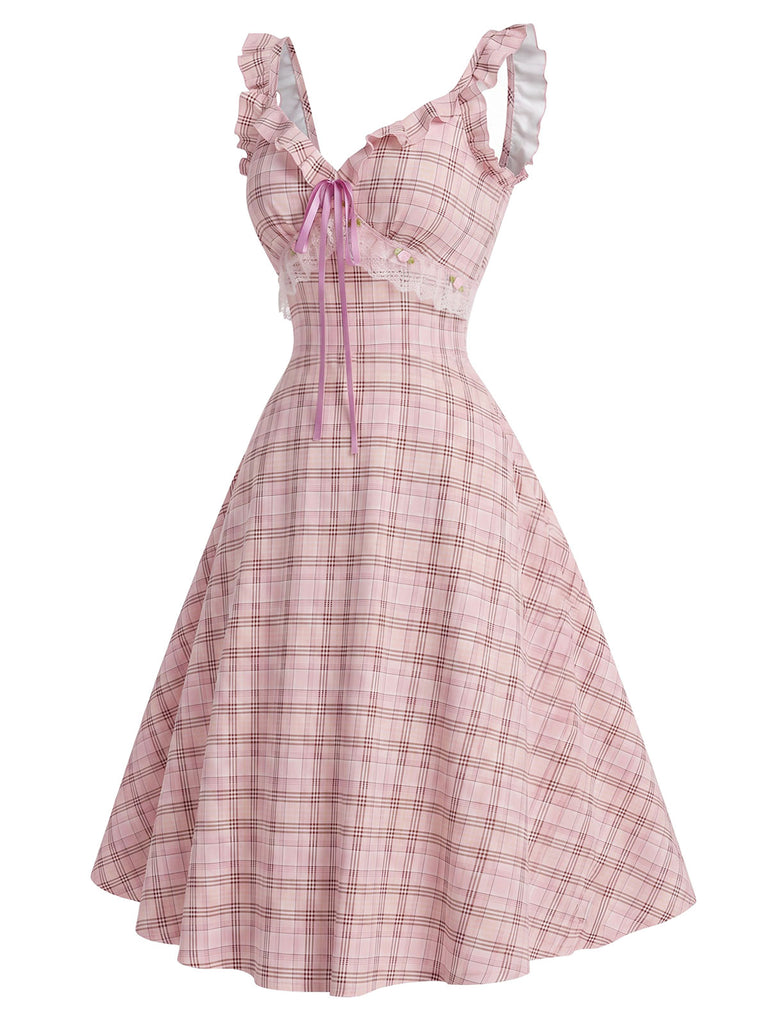 Robe Bretelle à Volants Carreaux Rose Années 50