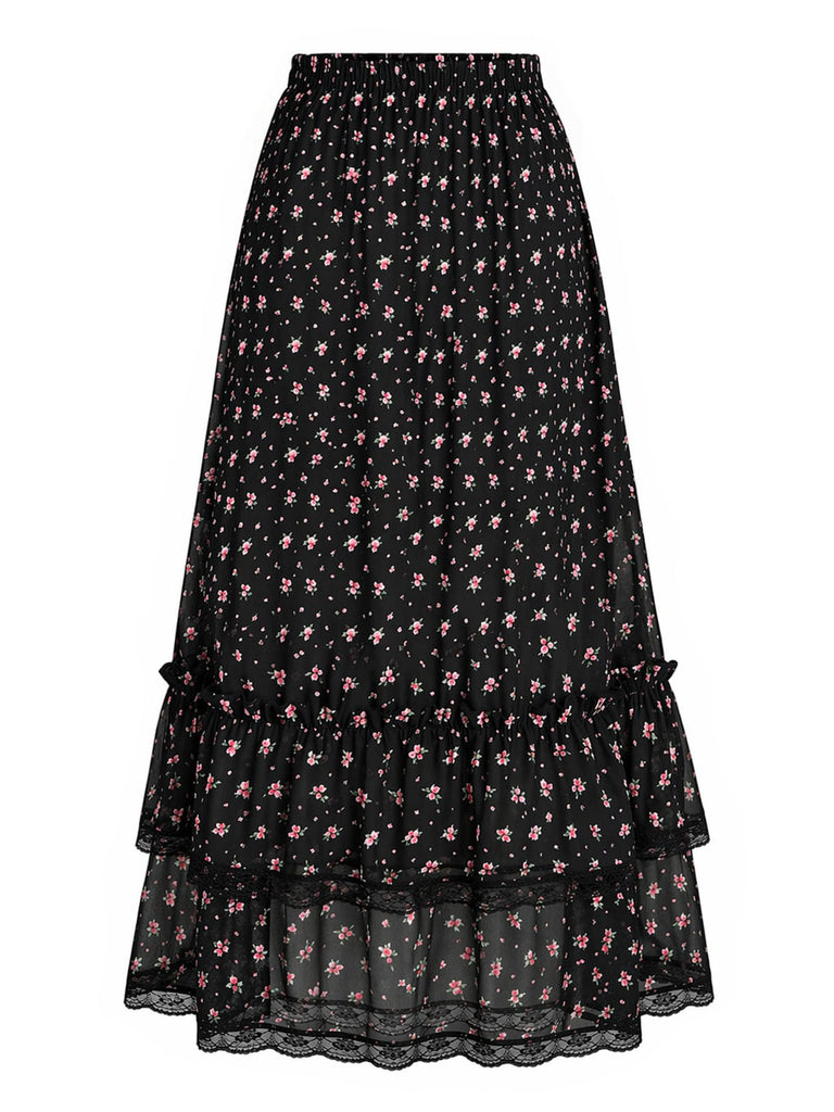 [Prévente] Robe Floral à Volants Étagés Dentelle Petites Fleurs Noir Années 1950
