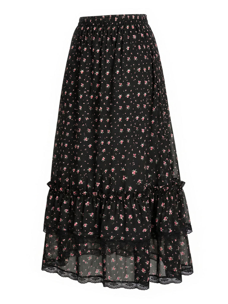 [Prévente] Robe Floral à Volants Étagés Dentelle Petites Fleurs Noir Années 1950 2