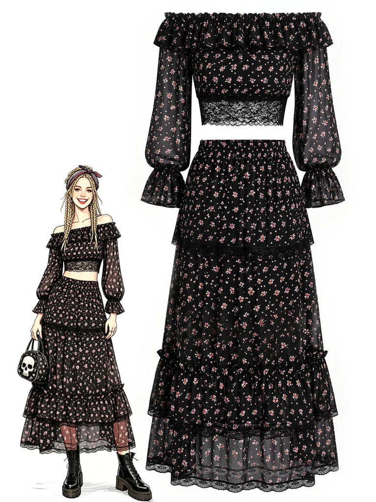 [Prévente] 3PCS Floral Dentelle Longue Petites Fleurs Mini Noir Années 1950