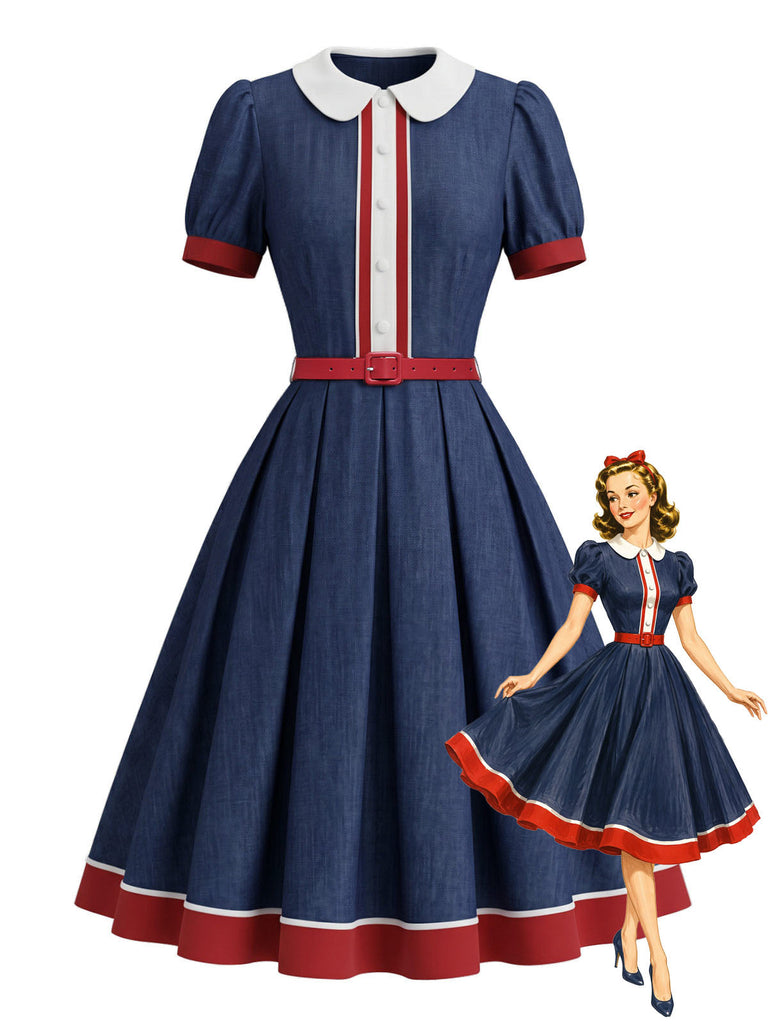 [Prévente] Robe Marine Col Claudine Manches Bouffantes Évasé Années 1950