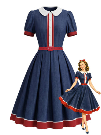 [Prévente] Robe Marine Col Claudine Manches Bouffantes Évasé Années 1950