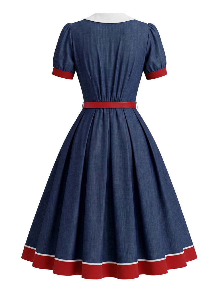 [Prévente] Robe Marine Col Claudine Manches Bouffantes Évasé Années 1950