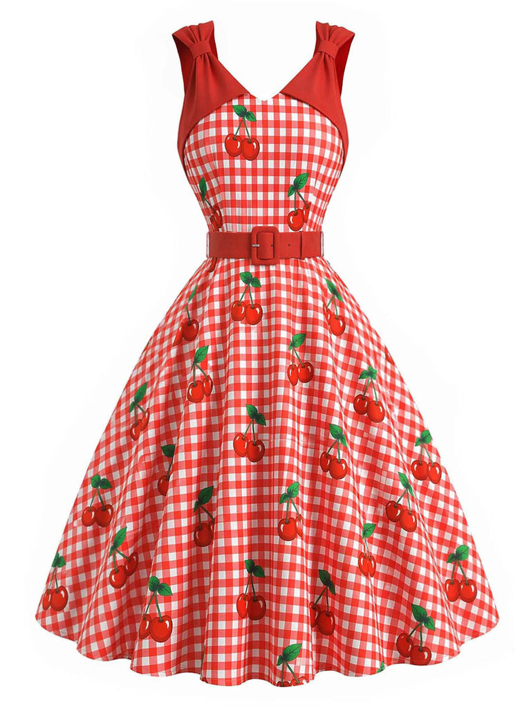 [Prévente] Robe Évasée Rouge Vichy Cerises avec Bretelles à Nœud Années 1950 2