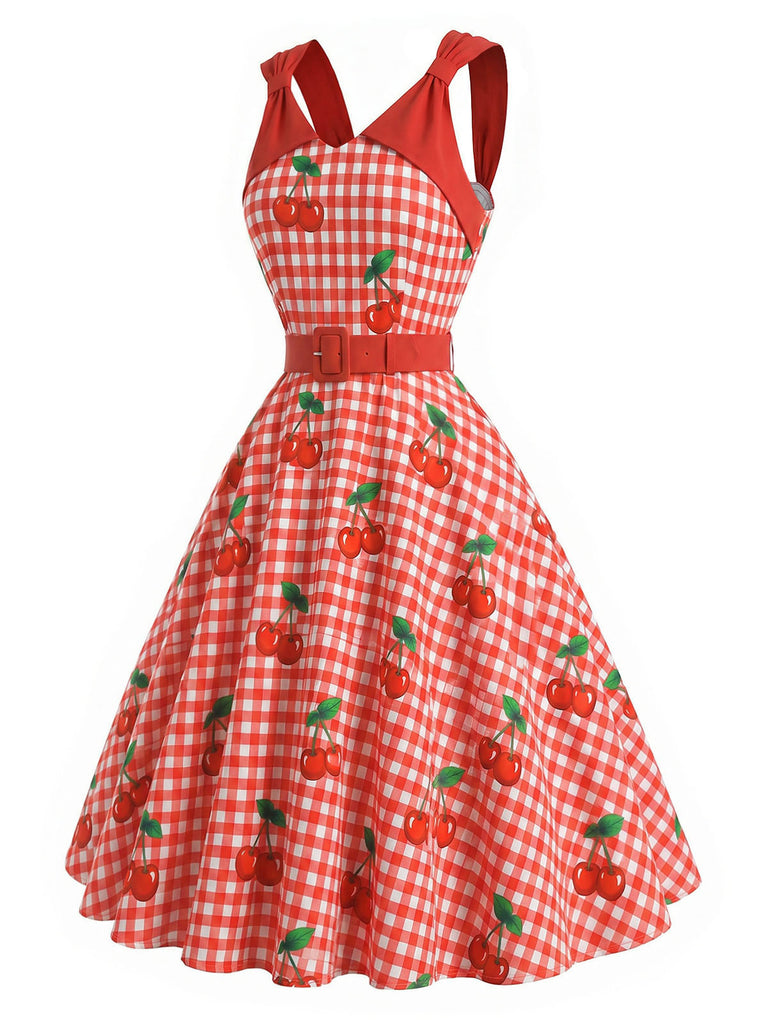 [Prévente] Robe Évasée Rouge Vichy Cerises avec Bretelles à Nœud Années 1950 3