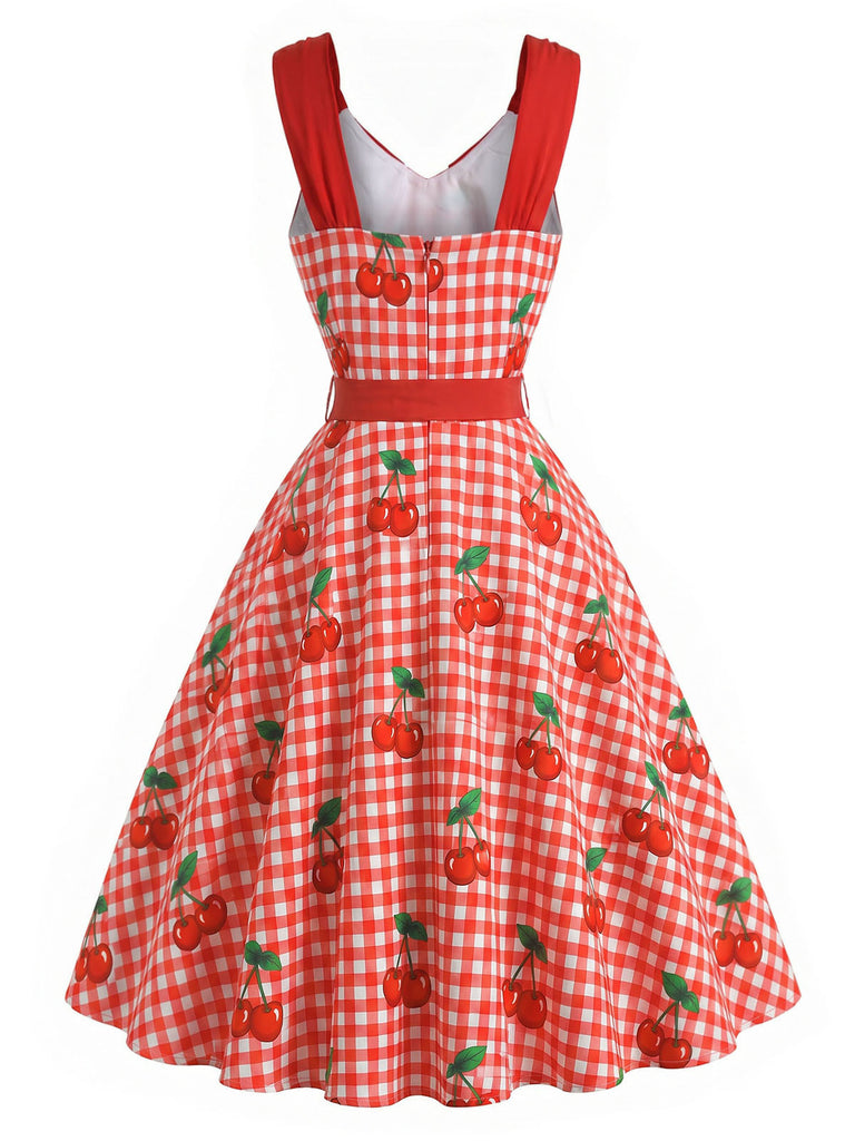 [Prévente] Robe Évasée Rouge Vichy Cerises avec Bretelles à Nœud Années 1950 4