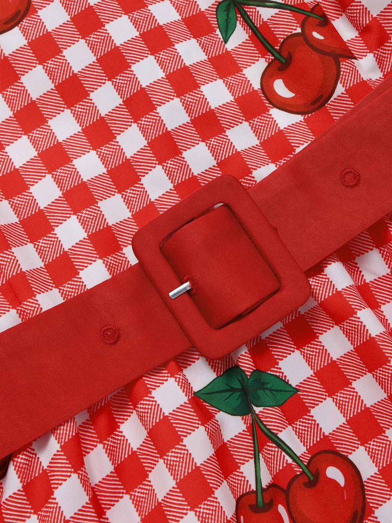 [Prévente] Robe Évasée Rouge Vichy Cerises avec Bretelles à Nœud Années 1950 6