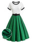 [Prévente] Robe Rockabilly Satin Ceinturée Plissée Vert et Blanc Années 1950