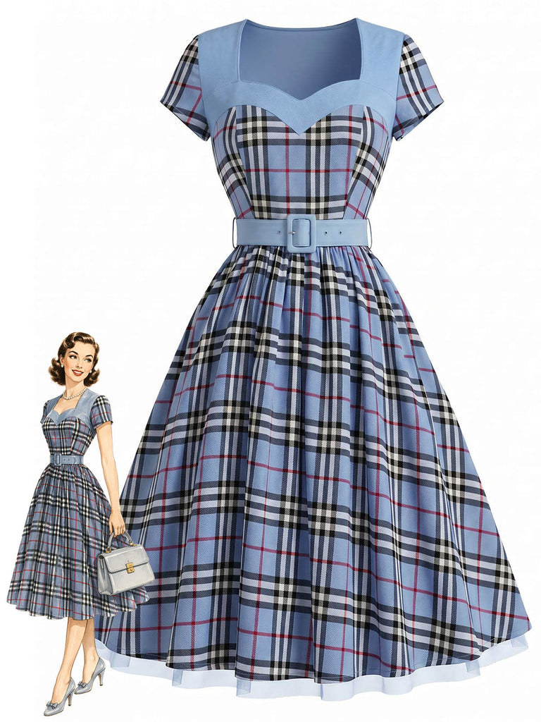 [Prévente] Robe à Carreaux Ceinturée Col Cœur Patchwork Années 1940