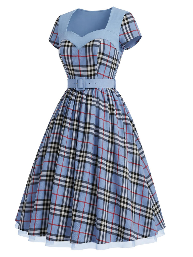 [Prévente] Robe à Carreaux Ceinturée Col Cœur Patchwork Années 1940 3