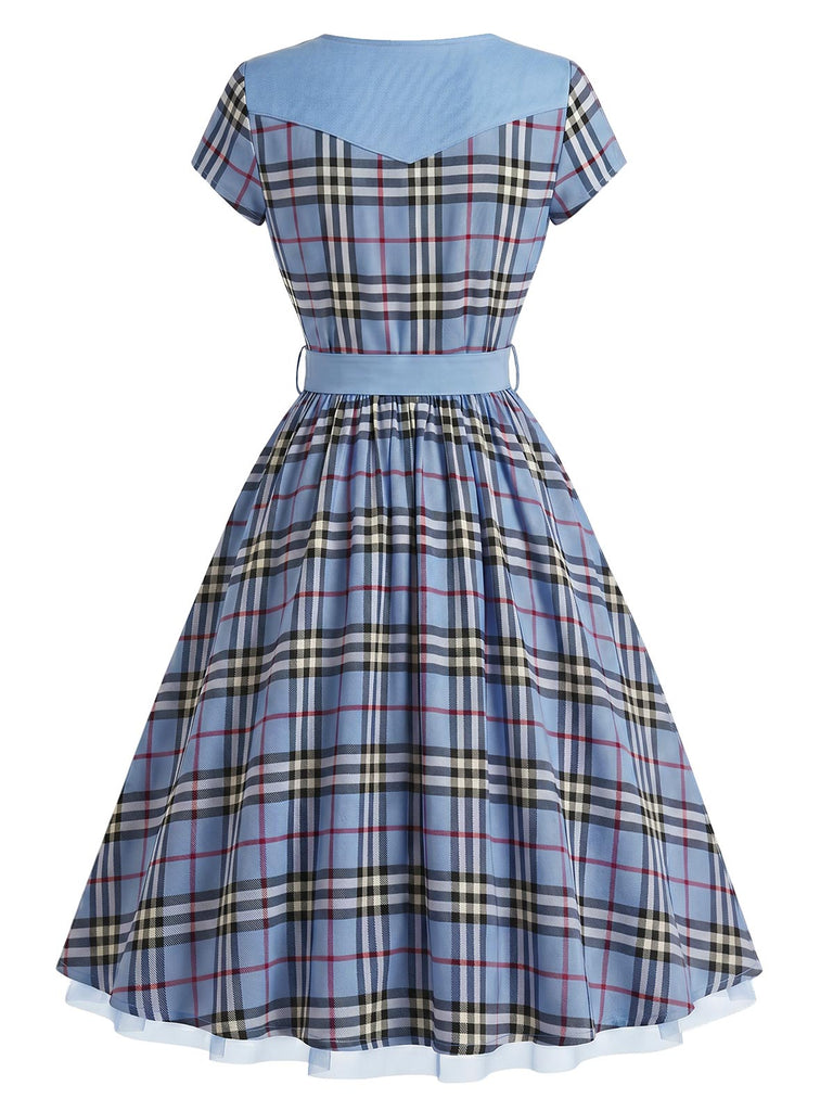 [Prévente] Robe à Carreaux Ceinturée Col Cœur Patchwork Années 1940 4