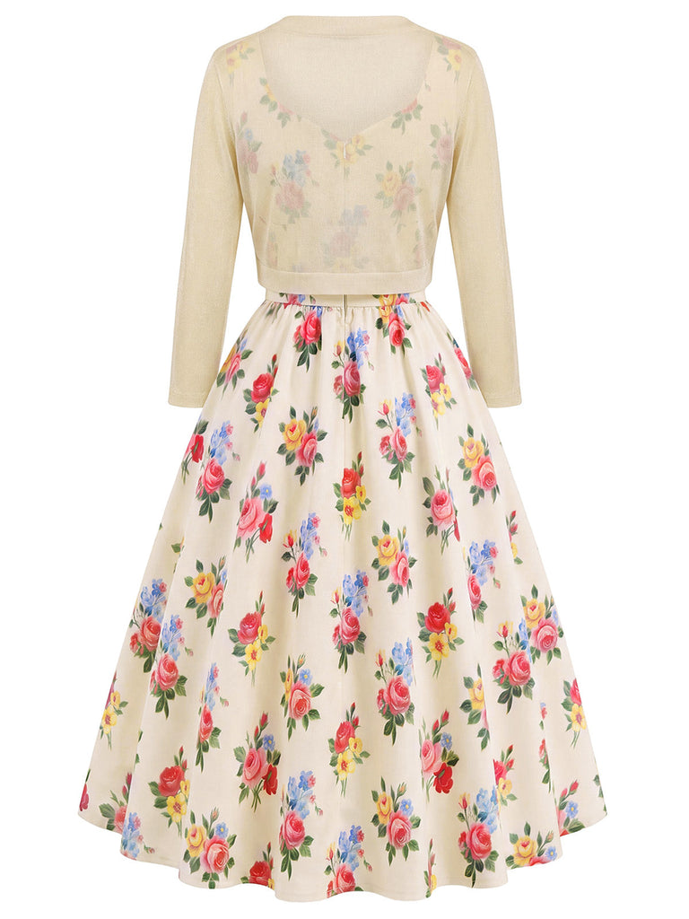 [Prévente] 2PCS Crème Boléro Cardigan et Floral Robe Années 1940