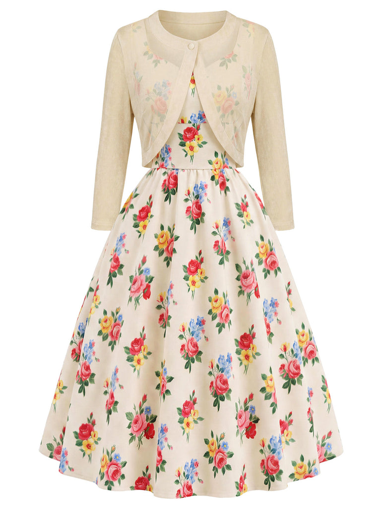 [Prévente] 2PCS Crème Boléro Cardigan et Floral Robe Années 1940