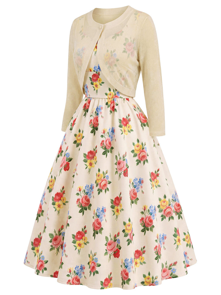[Prévente] 2PCS Crème Boléro Cardigan et Floral Robe Années 1940