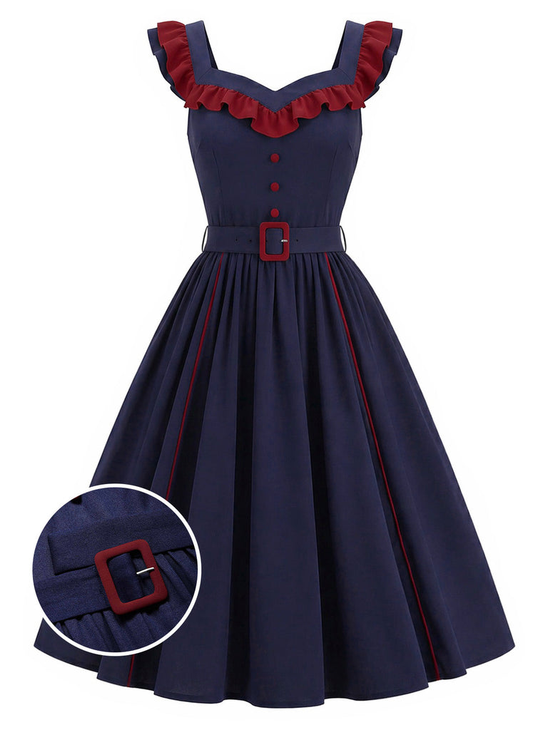 [Prévente] Robe Bleu Foncé Volant Col V Ceinturé Ligne A Années 1980 2