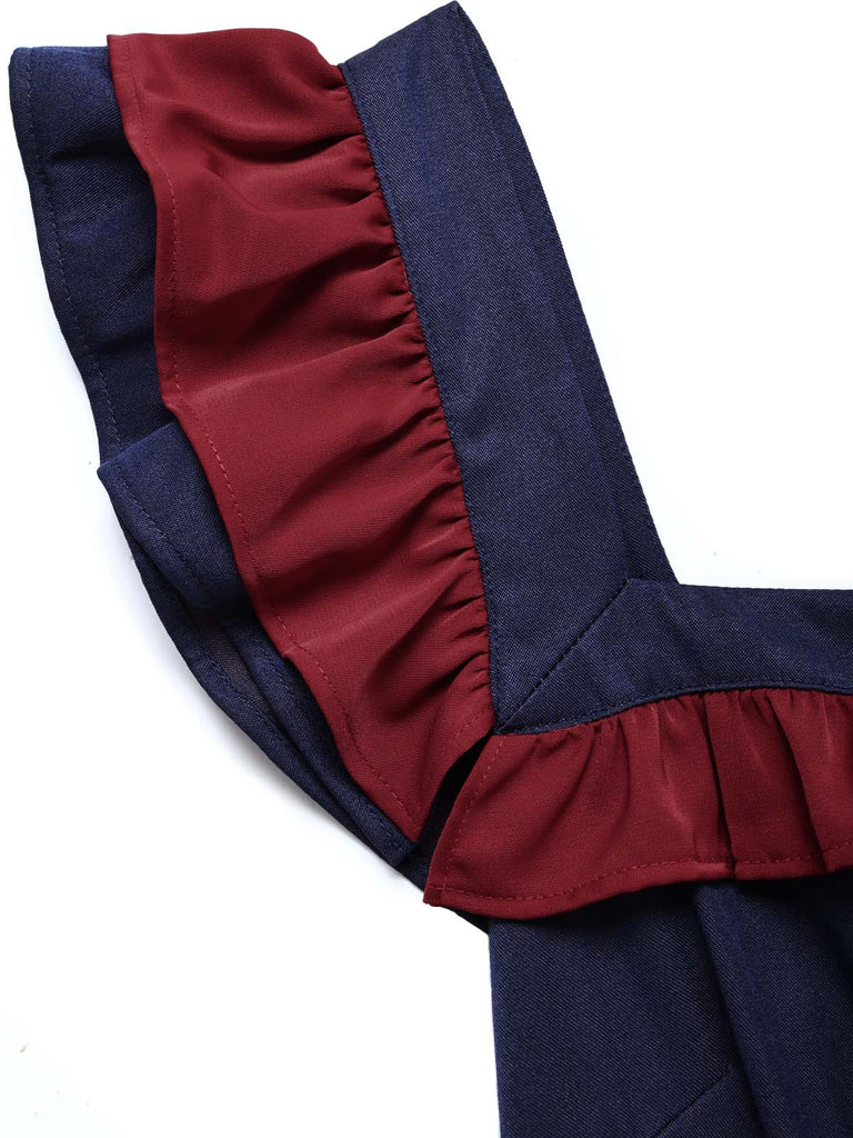 [Prévente] Robe Bleu Foncé Volant Col V Ceinturé Ligne A Années 1980 6