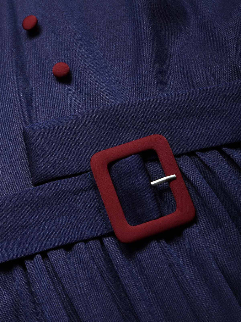 [Prévente] Robe Bleu Foncé Volant Col V Ceinturé Ligne A Années 1980 7