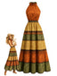 [Prévente] Robe dos-nu volants étagés motif cachemire et jeu de couleurs jaune moutarde années 70