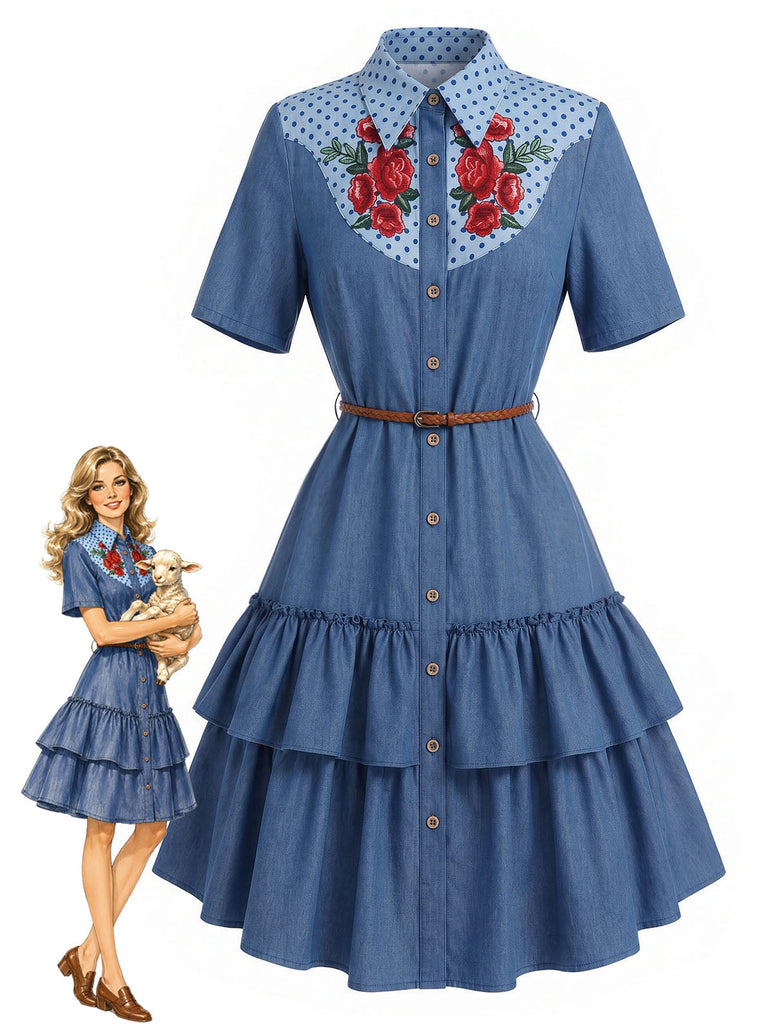 [Prévente] Robe Western Bleu Foncé Rose à Volants Étagés Denim Années 1960