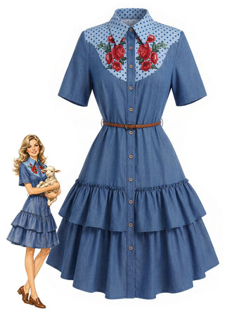 [Prévente] Robe Western Bleu Foncé Rose à Volants Étagés Denim Années 1960