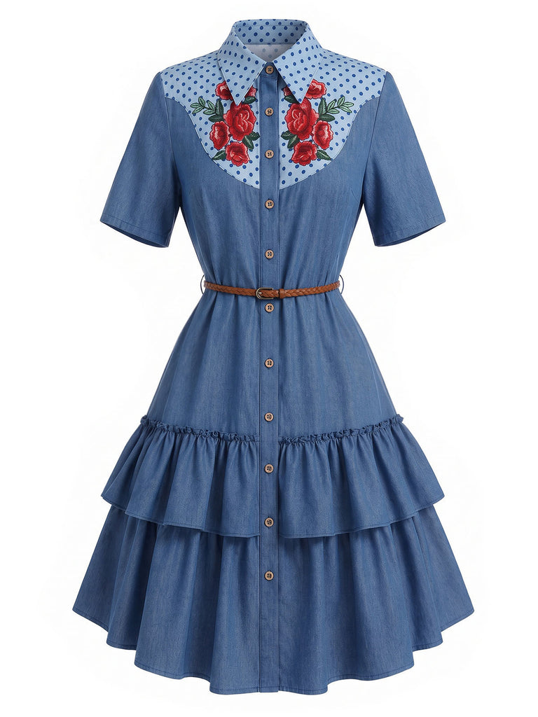 [Prévente] Robe Western Bleu Foncé Rose à Volants Étagés Denim Années 1960 2