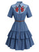 [Prévente] Robe Western Bleu Foncé Rose à Volants Étagés Denim Années 1960 2