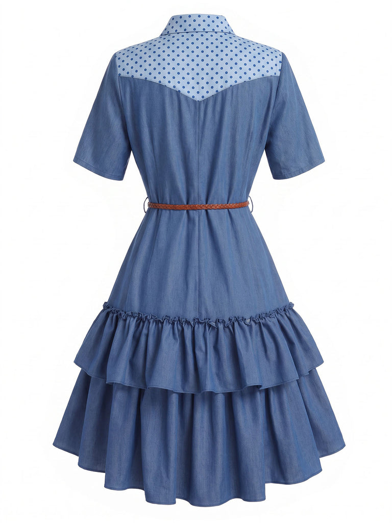 [Prévente] Robe Western Bleu Foncé Rose à Volants Étagés Denim Années 1960 4