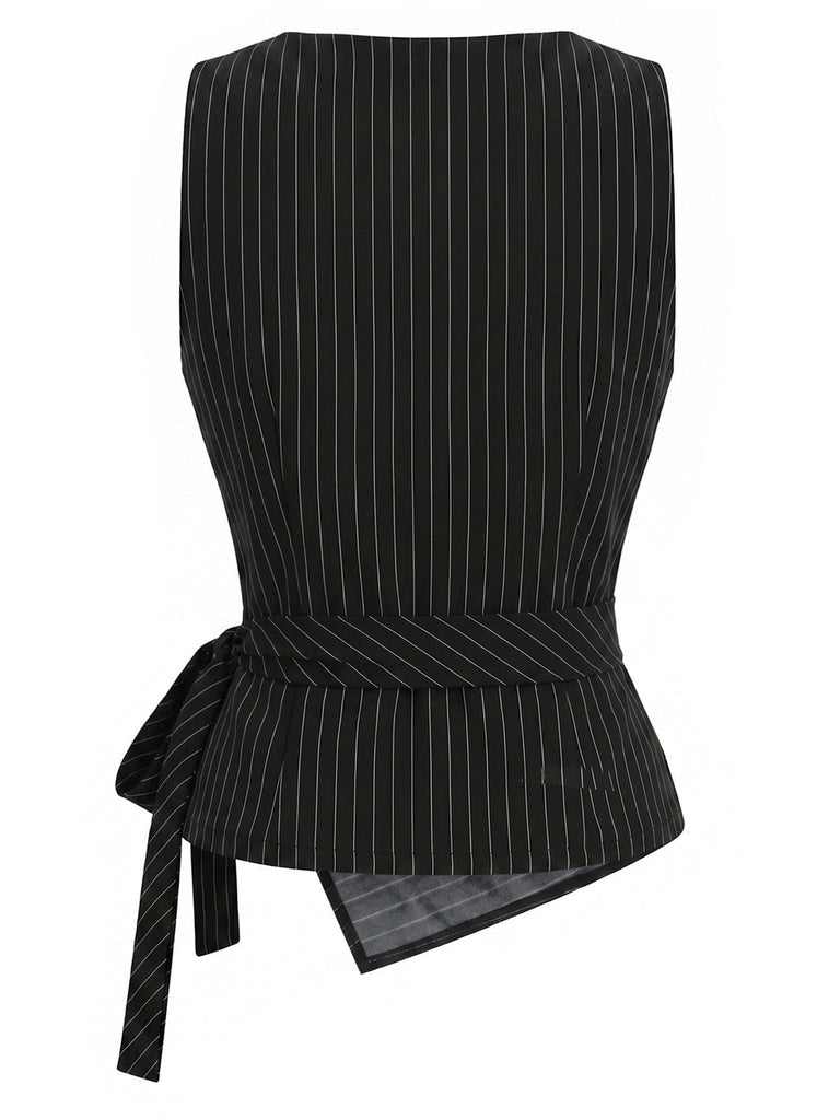 [Prévente] Top Asymétrique Tricoté à Fines Rayures et Pantalon à Jambes Larges Noir Années 1930