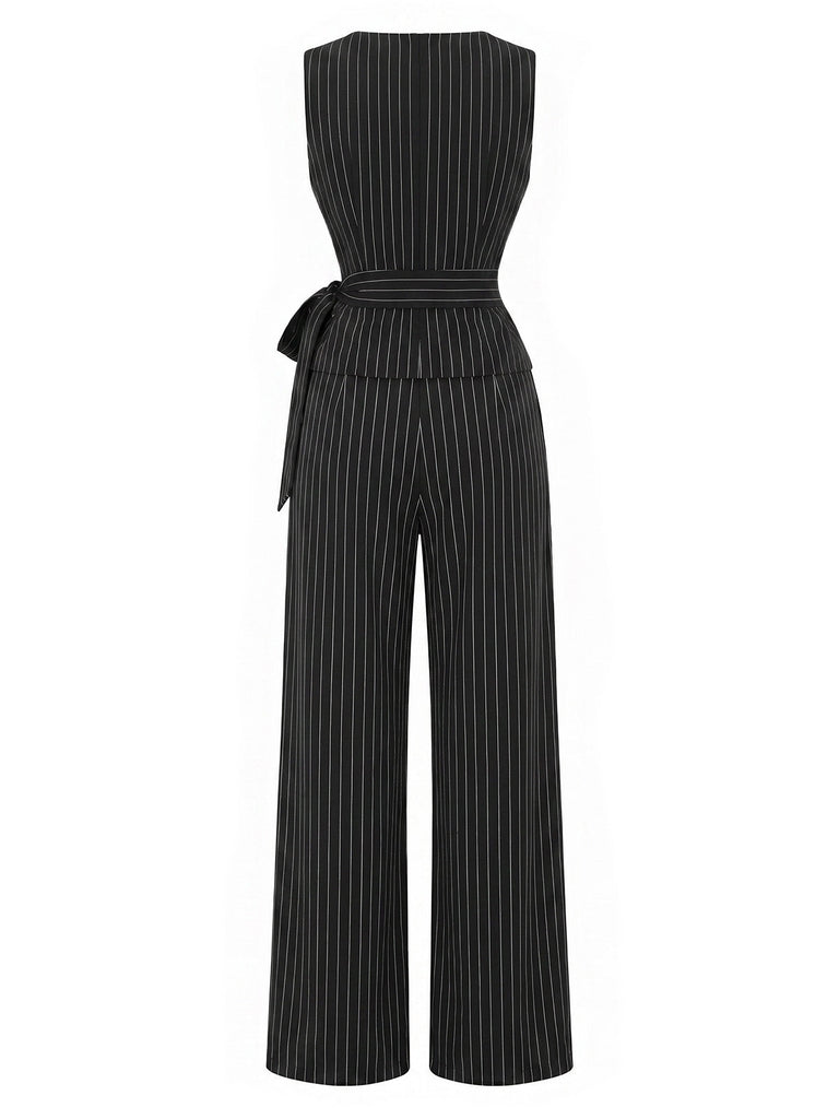 [Prévente] Top Asymétrique Tricoté à Fines Rayures et Pantalon à Jambes Larges Noir Années 1930