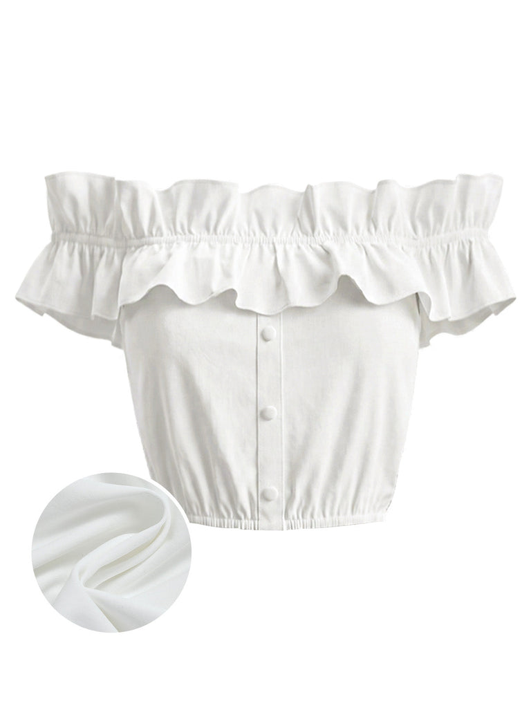 [Prévente] Crop Top Blanc Épaules Dénudées à Volants Années 1950
