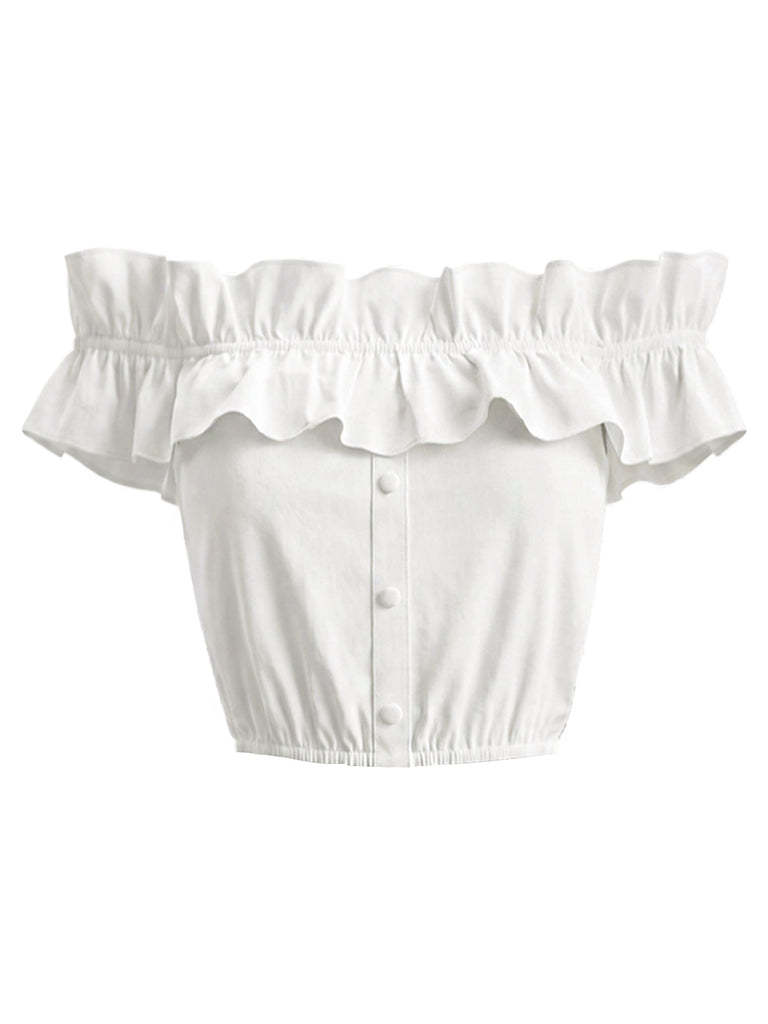 [Prévente] 2PCS Crop Top Épaules Dénudées à Volants Boutonné & Short Années 1950 5