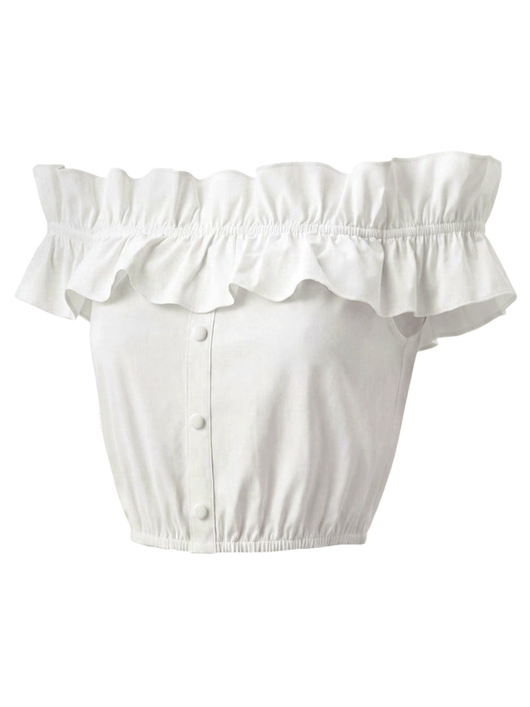 [Prévente] Crop Top Blanc Épaules Dénudées à Volants Années 1950 3