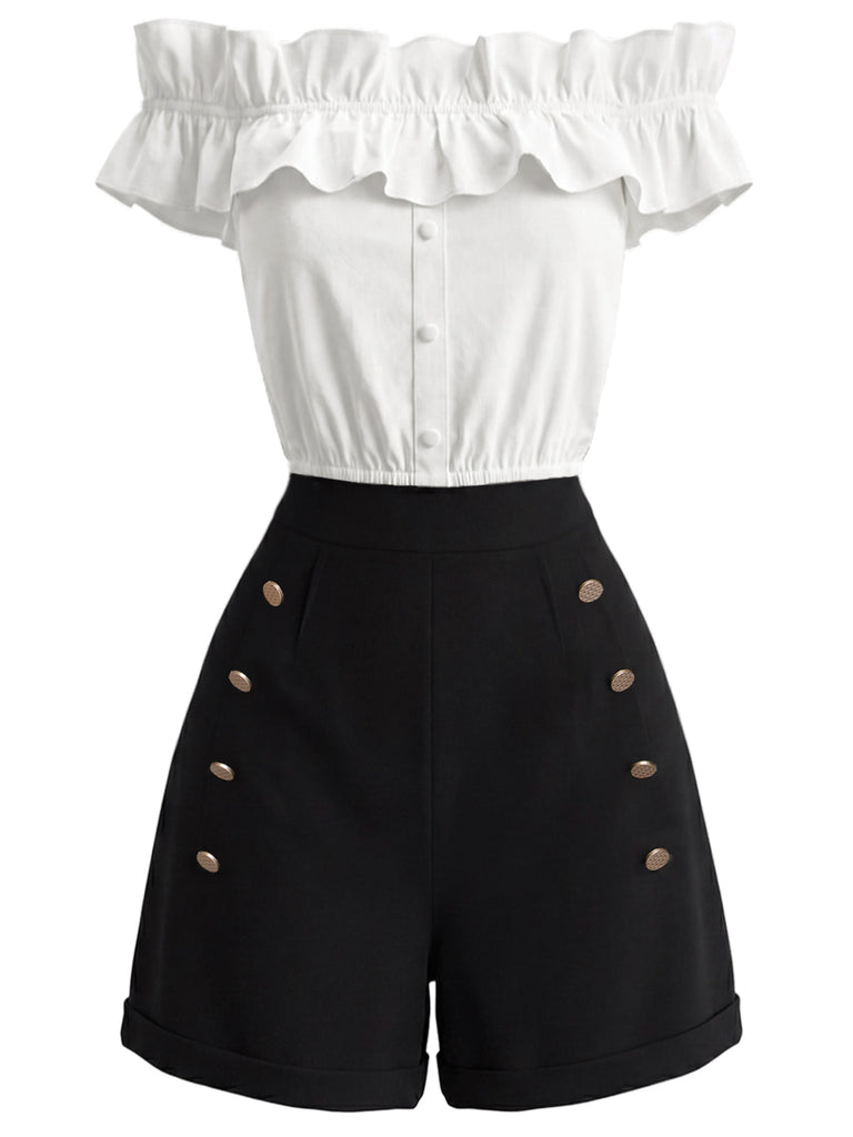 [Prévente] 2PCS Crop Top Épaules Dénudées à Volants Boutonné & Short Années 1950 2